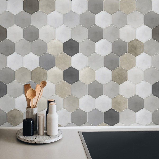 Patrón Cerámico Hexagonal 1 Vinilo lavable, tintas ecologicas, resistente al agua, antibacterias para pared de cocina. Lokoloko