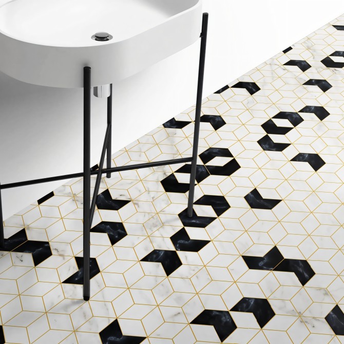 Art Deco Hexagons. Washable, Texture Vinyl for floor in bathroom, non-slip and antibacterial, water resistant. Lokoloko