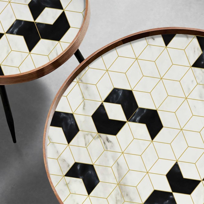 Hexágonos Art Decó. Vinilo lavable texturizado, tintas ecologicas, antibacterias para forrar mesas de salon y comedor. Lokoloko