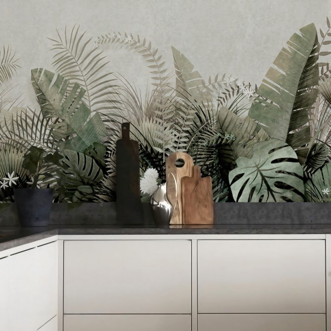 Tropical Sunset, opaque washable vinyl for kitchen walls, fronts and backsplash tiles, green and palm trees, Lokoloko