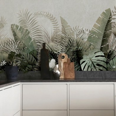 Tropical Sunset, opaque washable vinyl for kitchen walls, fronts and backsplash tiles, green and palm trees, Lokoloko