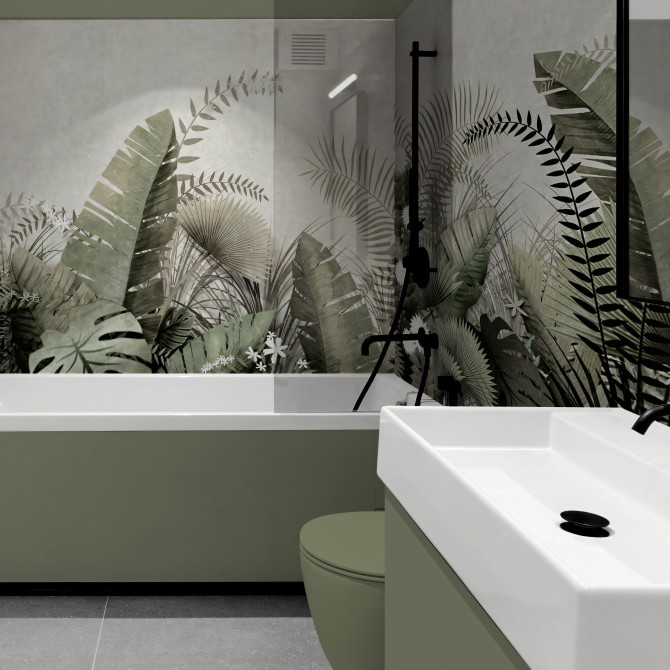 Tropical Sunset. Washable self-adhesive eco inks Vinyl mural for tiles walls, shower and bath for bathroom. Green, brown palms