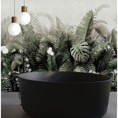 Atardecer Tropical, mural de vinilo lavable opaco para baños en paredes azulejos ducha y bañera, verdes y palmeras, Lokoloko