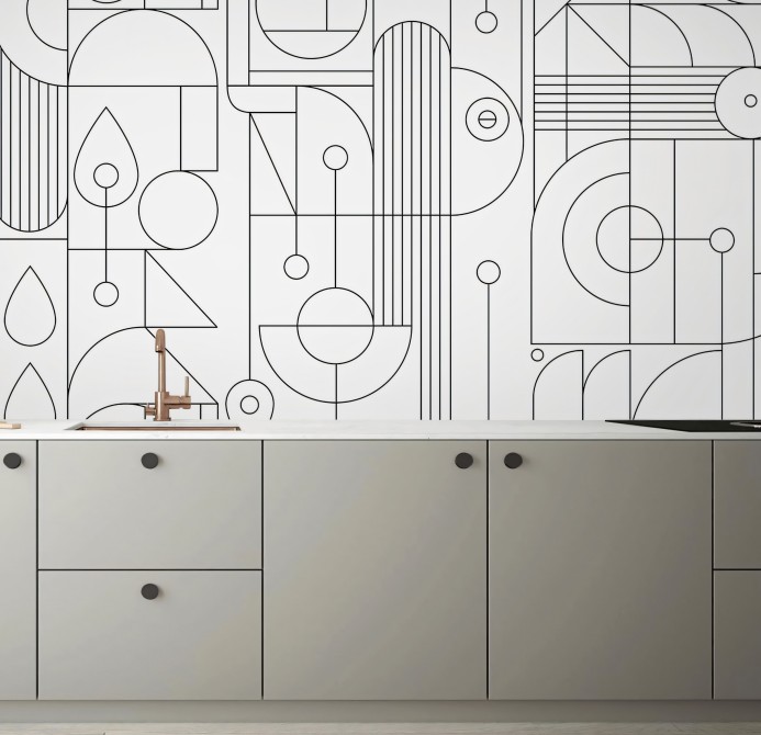 Mural Geométrico Line blanco y negro de vinilo para paredes y muebles