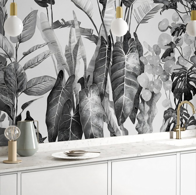 Tropicalia Black & white - Washable Self-adhesive vinyl wall mural