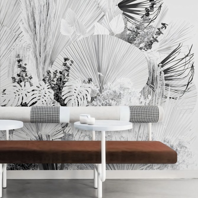 Blanca Dona - mural vinilo lavable para frente, copete o paredes de cocina con azulejos, pampas palmitos blanco y negro
