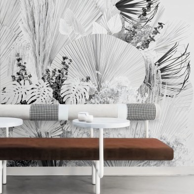 Blanca Dona - mural vinilo lavable para frente, copete o paredes de cocina con azulejos, pampas palmitos blanco y negro