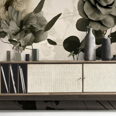 Deva - Mural de vinilo autoadhesivo para paredes de salón recibidor - Flores, rosas, grises, cremas - Lokoloko