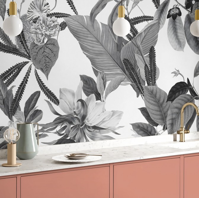 Flores de Terciopelo blanco y negro - Vinilo autoadhesivo opaco lavable para muebles y paredes