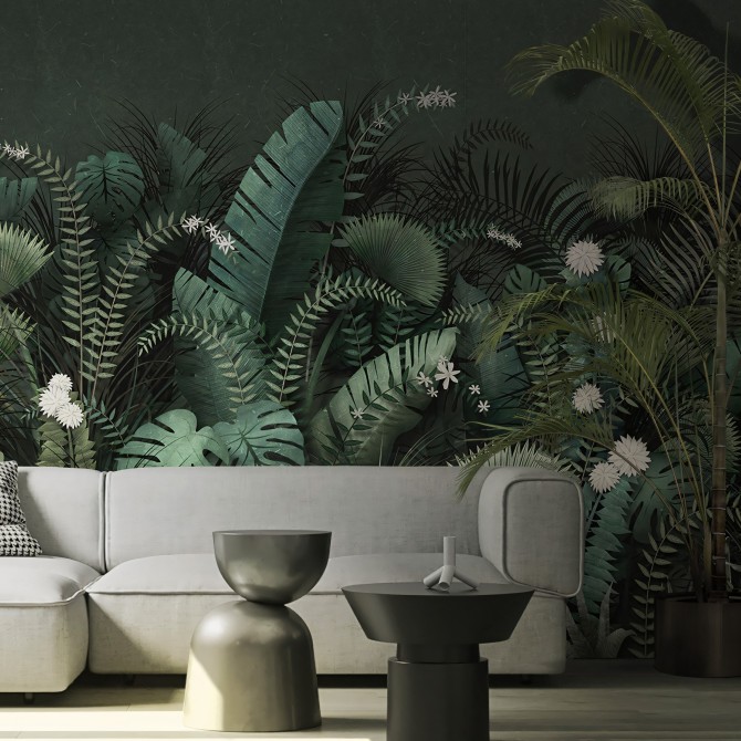 Powerful Tropical - Eco-friendly self-adhesive wallpaper mural for living-room hall - Leaves green garden plants - Lokoloko