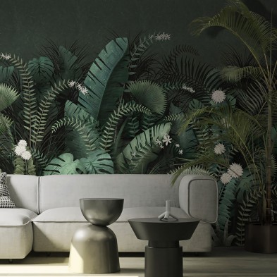 Tropical Intenso - Papel pintado pared ecológico autoadhesivo para paredes salón recibidor - Mural plantas flores - Lokoloko
