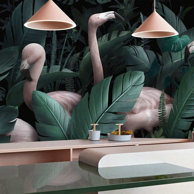 Paradiso - Eco-friendly self-adhesive wallpaper mural for living-room - flamingos plants leaves - Lokoloko