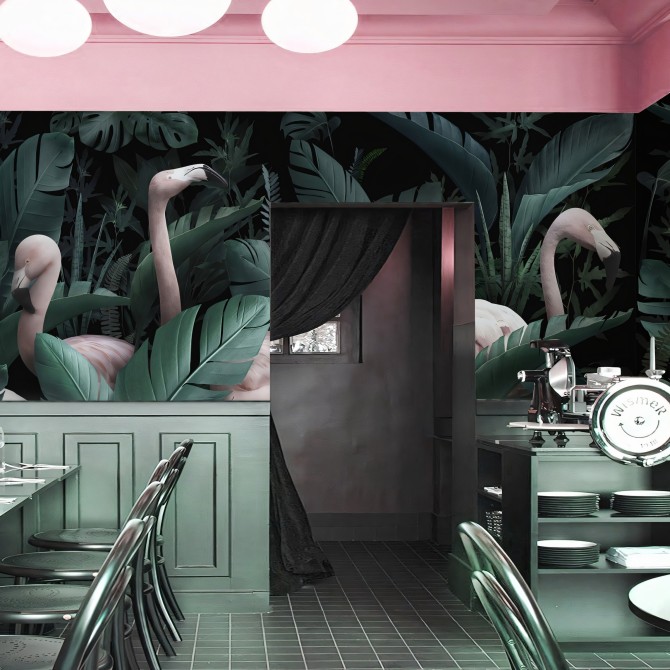 Paradiso - Eco-friendly self-adhesive wallpaper mural for restaurant dining room hall - flamingos plants leaves - Lokoloko