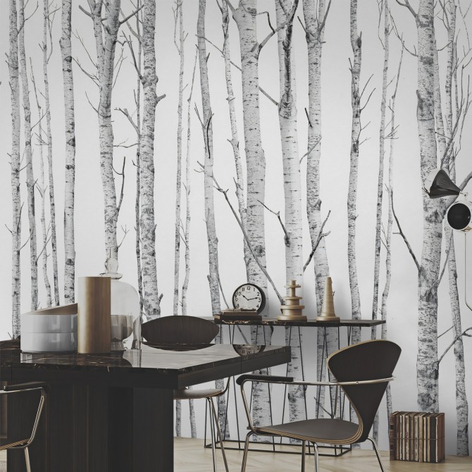 El Bosque - Papel pintado pared ecológico autoadhesivo para superficies lisas salones recibidores - Árboles, grises - Lokoloko