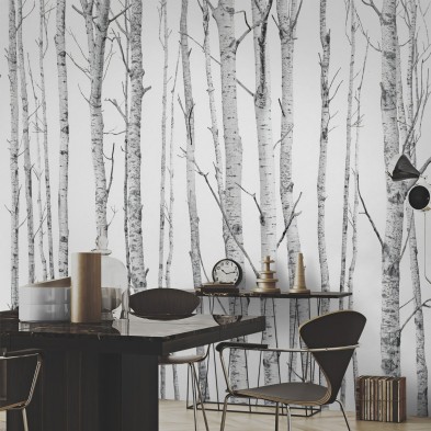 El Bosque - Papel pintado pared ecológico autoadhesivo para superficies lisas salones recibidores - Árboles, grises - Lokoloko