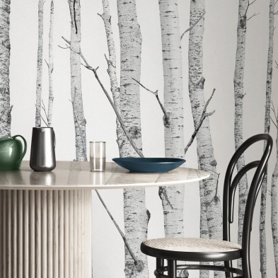 El Bosque - Papel pintado pared ecológico autoadhesivo para superficies lisas dormitorios, salones - Árboles, grises - Lokoloko