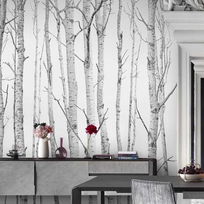 El Bosque - Papel pintado pared ecológico autoadhesivo para paredes sala estar saló recibidor - Árboles, grises - Lokoloko
