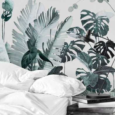 Tropicalia - Papel pintado pared ecológico autoadhesivo mural pared cama dormitorios cabeceros - plantas hojas - Lokoloko