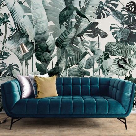 Tropicalia - Papel pintado pared ecológico autoadhesivo mural para salón recibidor hogar - plantas hojas monsteras - Lokoloko