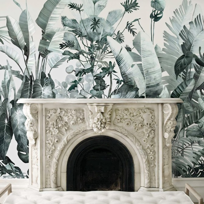 Tropicalia - Papel pintado pared ecológico autoadhesivo mural para paredes salón recibidor - plantas hojas jardín - Lokoloko