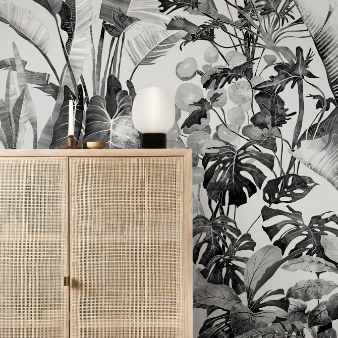 Tropicalia Blanco y Negro - Papel de pared autoadhesivo ecológico sin PVC
