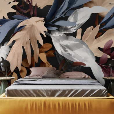 Bohemia - Eco-friendly self-adhesive wallpaper mural for bedroom walls - Leaves, grey, blue, cream - Lokoloko