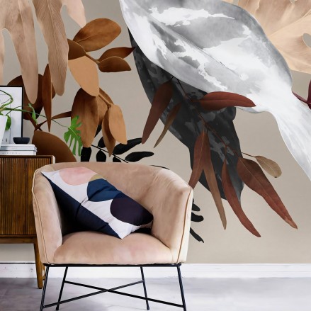 Glam - Papel pintado pared ecológico autoadhesivo para paredes salón TV pasillos - Hojas secas tierra blanca - Lokoloko.