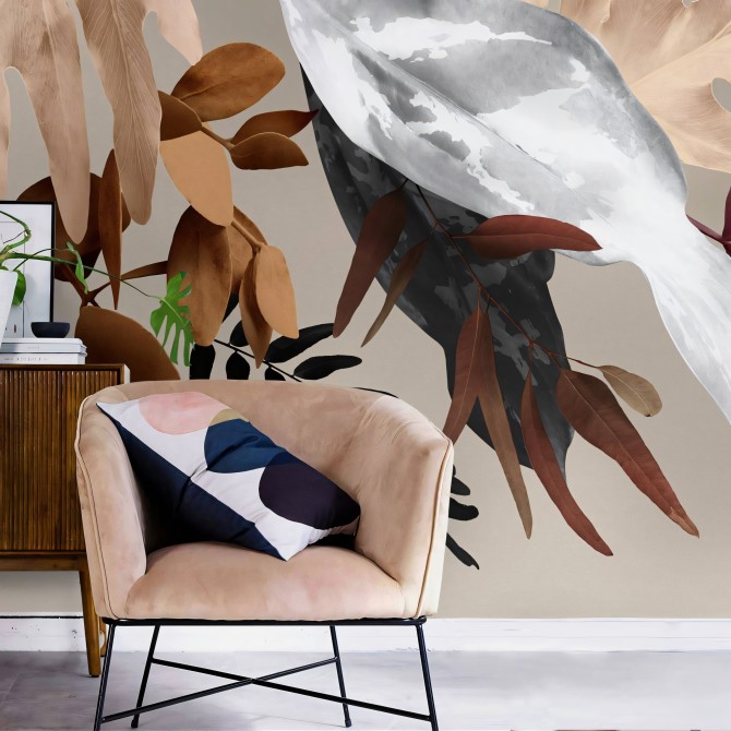 Glam - Eco-friendly self-adhesive wallpaper mural for living-room TV room walls - Leaves white earth color -  Lokoloko