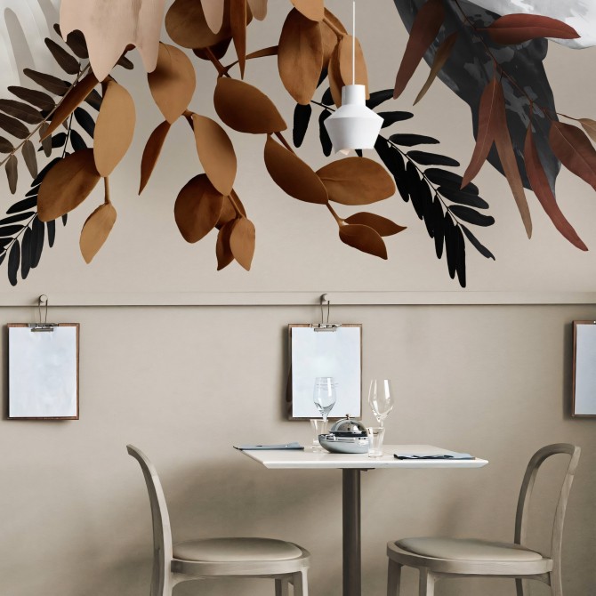Glam - Eco-friendly self-adhesive wallpaper mural for restaurant dining room walls - Leaves white earth color -  Lokoloko