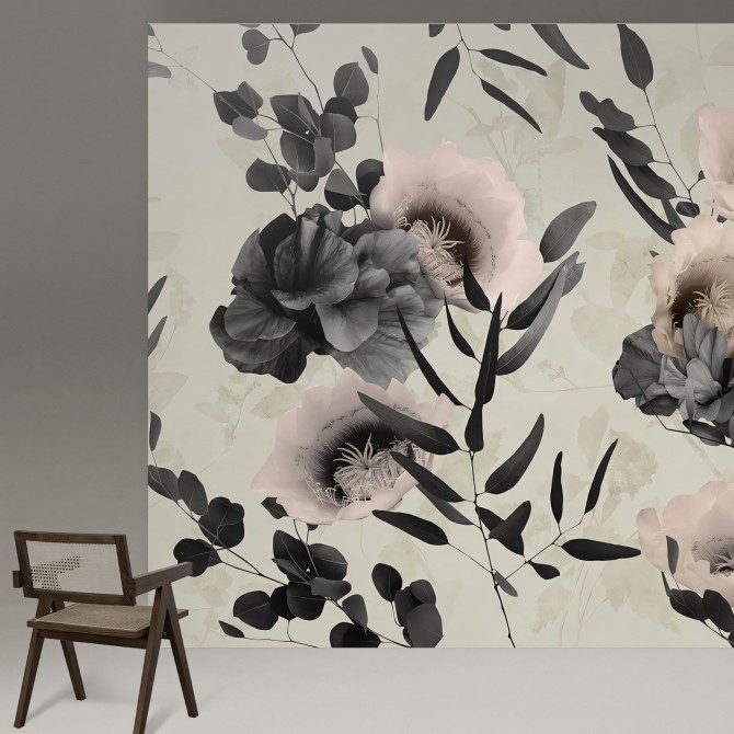 Daila - Eco-friendly self-adhesive wallpaper mural for living-room TV room hall bedroom walls  - Flowers leaves grey - Lokoloko