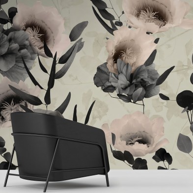 Daila - Eco-friendly self-adhesive wallpaper mural for living-room walls  - Flowers leaves grey - Lokoloko