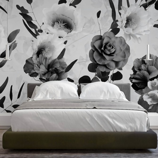 Daila Black and White - Eco-friendly self-adhesive wallpaper mural bedroom walls - Grey, flowers, leaves - Lokoloko