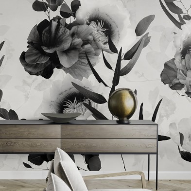 Daila Black and White - Eco-friendly self-adhesive wallpaper mural for hall - Grey, flowers - Lokoloko