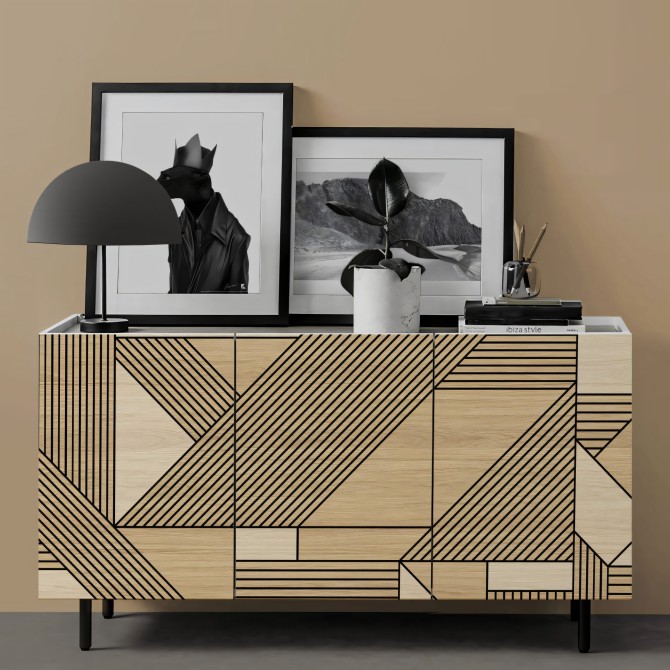 Bergen Geometric Wood. Washable self-adhesive eco inks. Vinyl for furniture living room or dining room sideboards. Lokoloko
