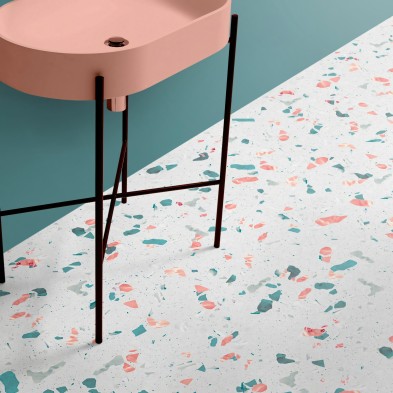Mediterranean Terrazzo. Washable self-adhesive eco inks. Vinyl for floor tiles in bathroom. Lokoloko