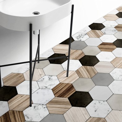 Wood, marble, stone and ceramic Hexagonal Tiles. Vinyl bathroom flooring, non-slip and antibacterial, water resistant. Lokoloko