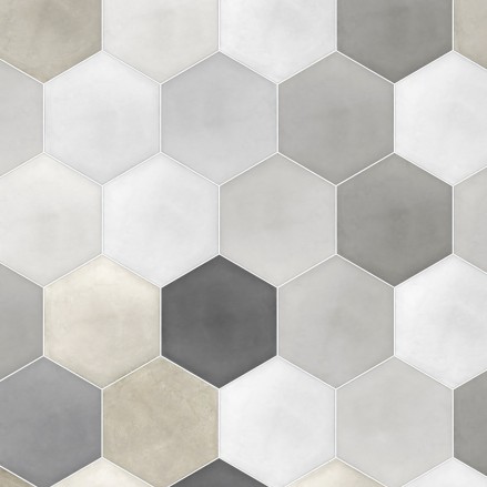 Self-adhesive vinyl floor decor. Hexagonal ceramic tiles.