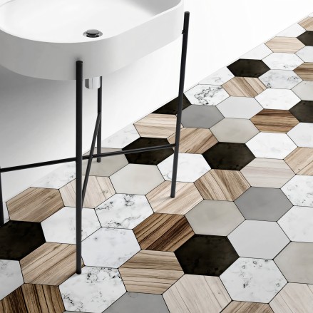 Vinilo de losas hexagonales de madera y cerámica para pegar en suelos de cuartos de baño, cocinas y dormitorios