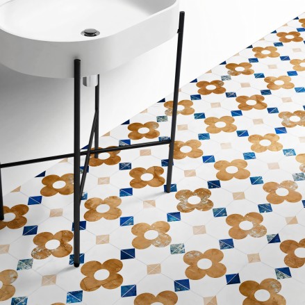 Vinyl for floor with brown flowers's tiles