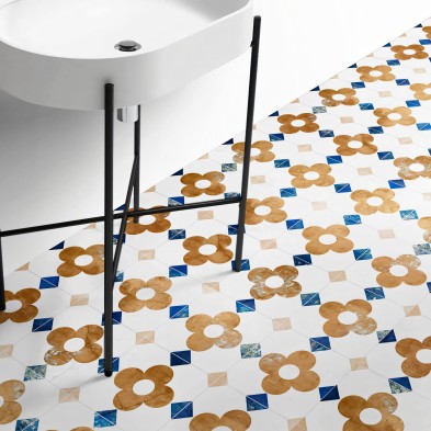 Vinyl for floor with brown flowers's tiles