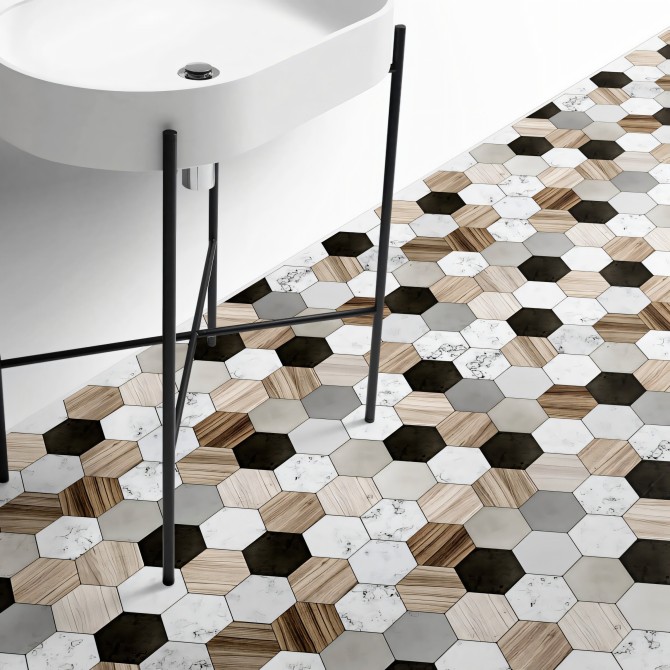 Azulejos hexagonales de cerámica y madera (mini) - Vinilo para suelos