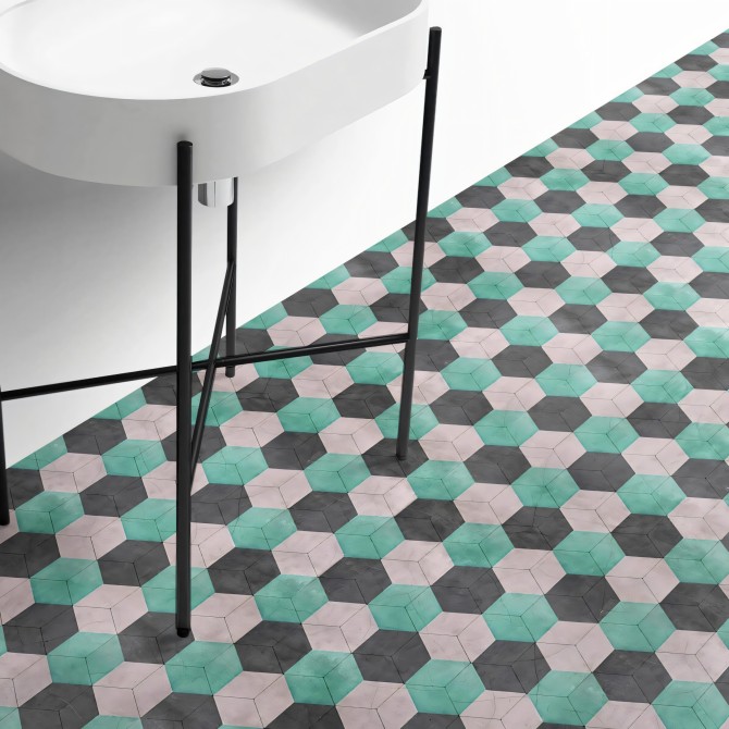 Vinyl sticker for floor decor with colorful hexagons