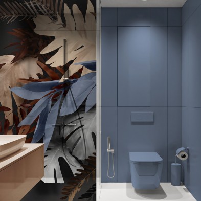 Bohemia - Mural de vinilo transparente autoadhesivo lavable para mamparas de ducha en baños. Naranja, azules, flores. Lokoloko