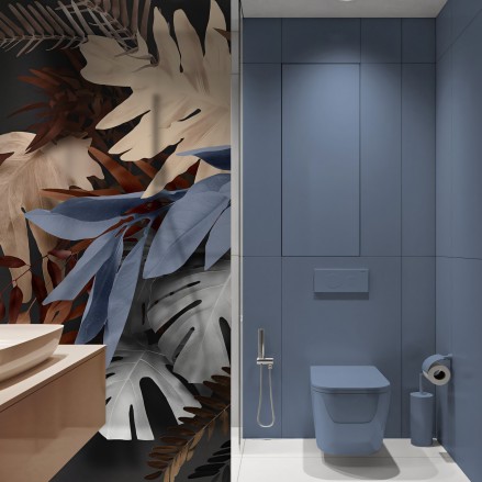 Bohemia - Mural de vinilo translúcido autoadhesivo lavable para mamparas de ducha en baños. Naranja, azules, flores. Lokoloko