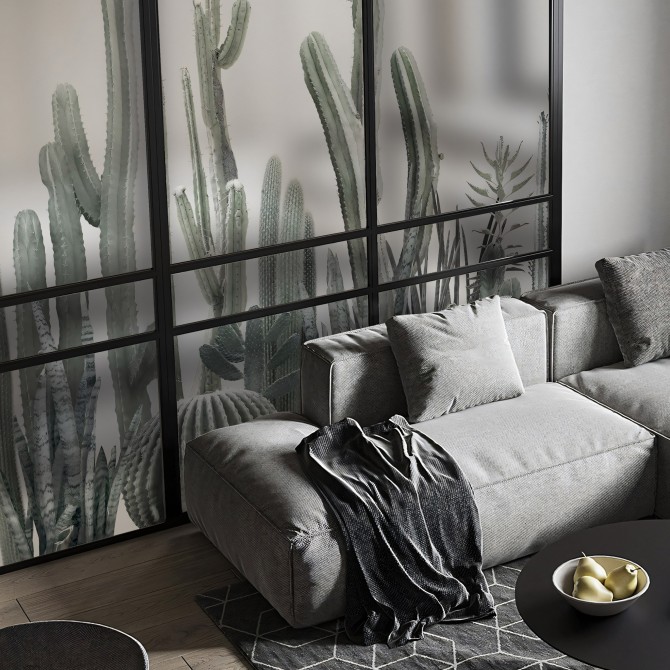 Cactarium - Mural Vinilo translucido autoadhesivo lavable para puertas correderas de cristal. Lokoloko