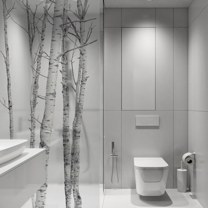El Bosque - Mural de vinilo translúcido lavable autoadhesivo para cristal de mampara de baño. Grises. Lokoloko