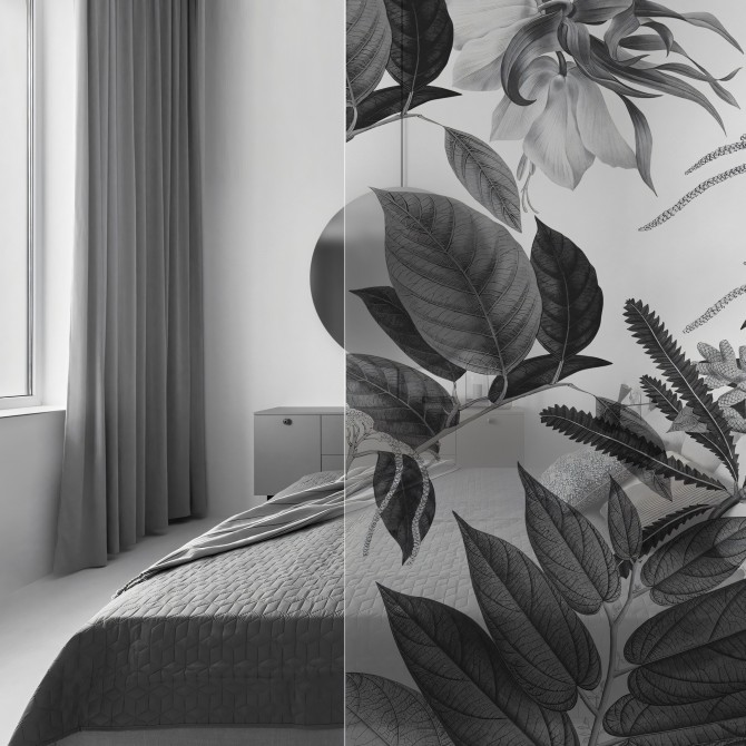 Flores de Terciopelo blancy negro - Mural vinilo transparente autoadhesivo lavable para tabiques de cristal. Lokoloko