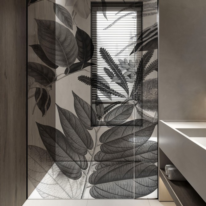 Flores de Terciopelo blanco y negro - Mural de vinilo transparente lavable autoadhesivo para mampara de cristal. Lokoloko