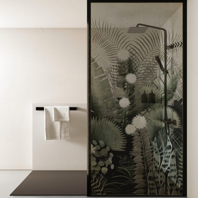 Tropical Sunset - Washable clear self-adhesive vinyl mural with ecological inks, for glass shower panel glass in the bathroom.