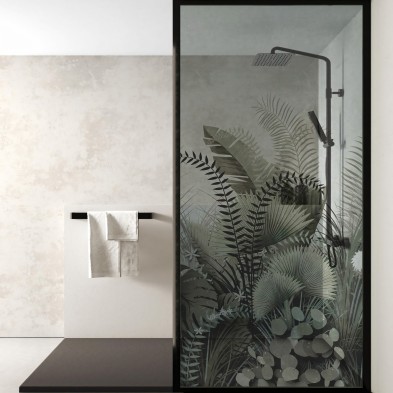 Atardecer Tropical - Mural de vinilo transparente autoadhesivo lavable para mamparas de ducha en baño. Lokoloko